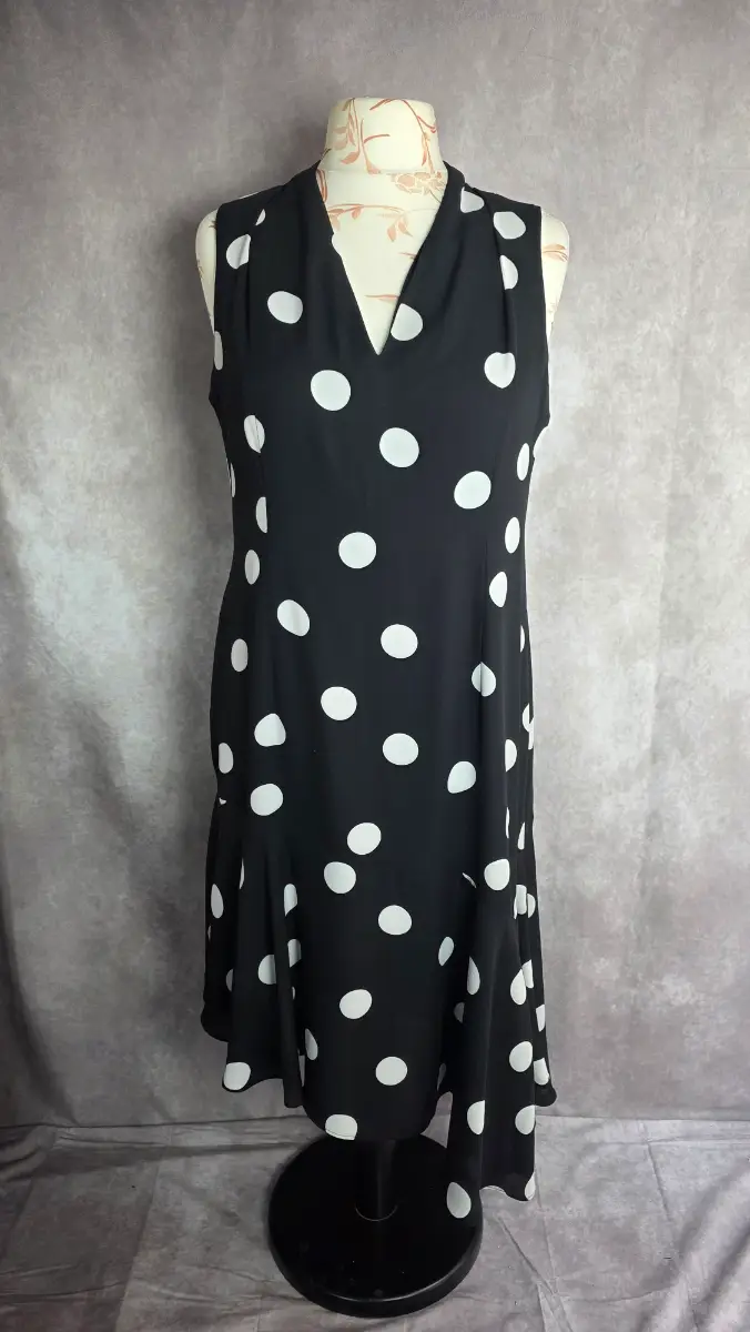 Black Polka Dot Dress UK 14 Petite Retro Vintage Party Chiffon Occasion Wallis