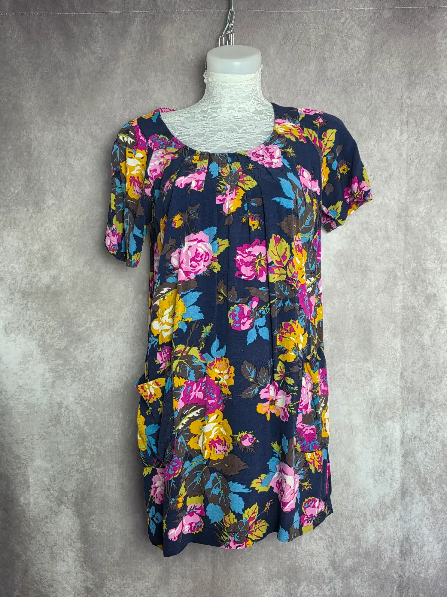 Navy Floral Tunic Dress UK 10 Boho Cottagecore Casual Pocket Short Sleeve Summer Joules
