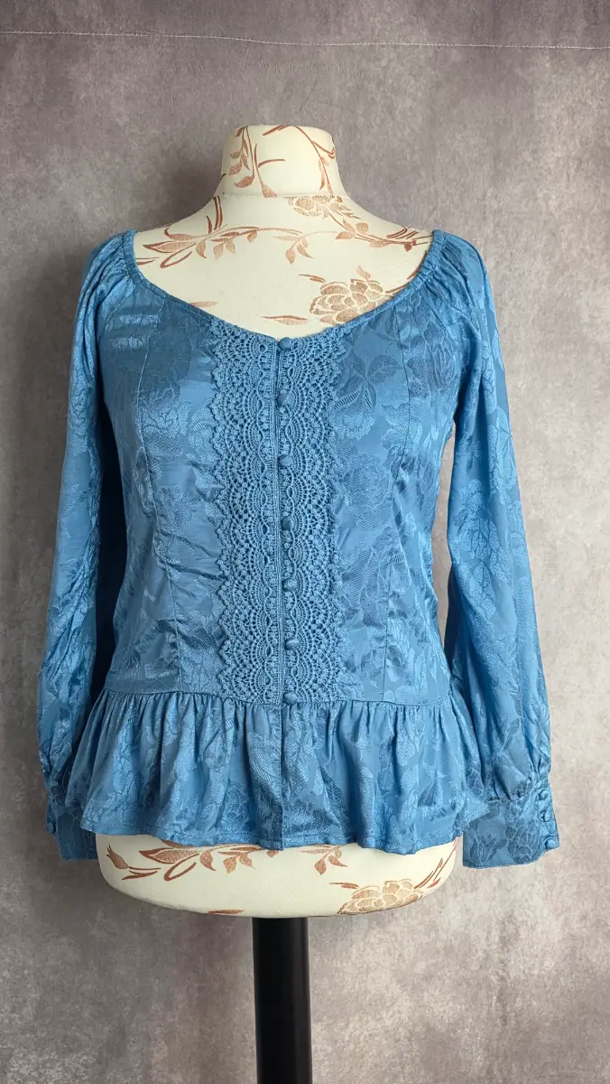 Blue Peplum Blouse UK 12 Boho Cottagecore Casual Floral Viscose Long Sleeve Joe Browns