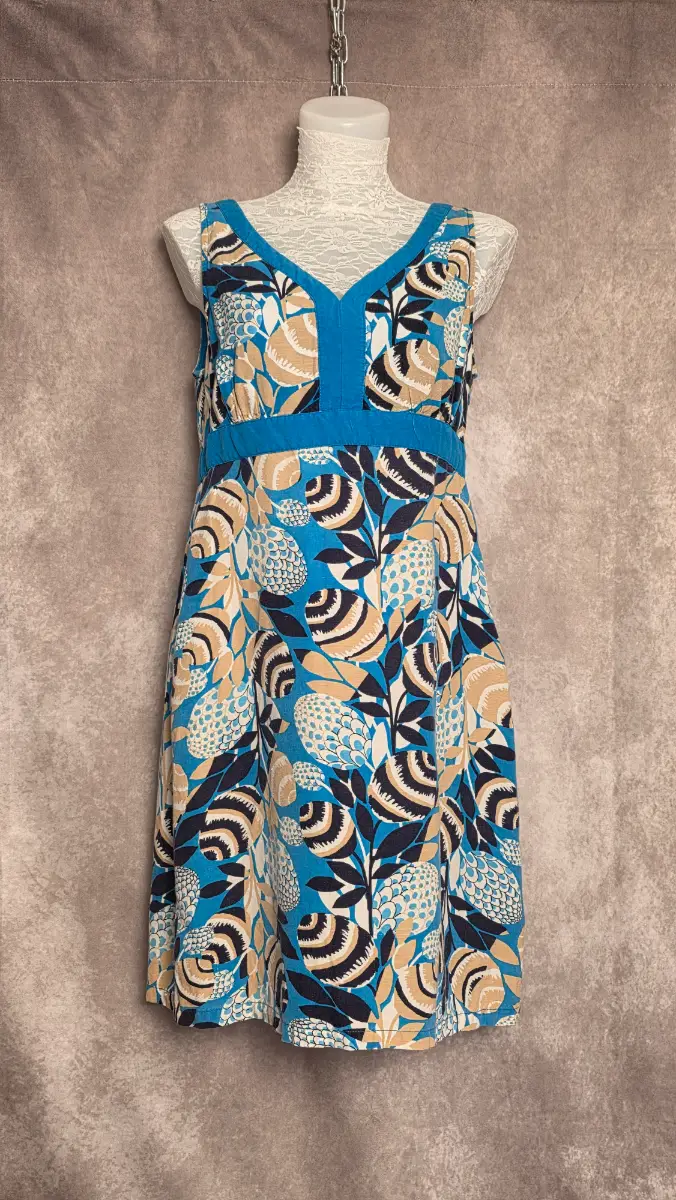 Blue Linen Blend A-Line Dress UK 12 Floral Summer Holiday Casual Cotton Lined Debenhams