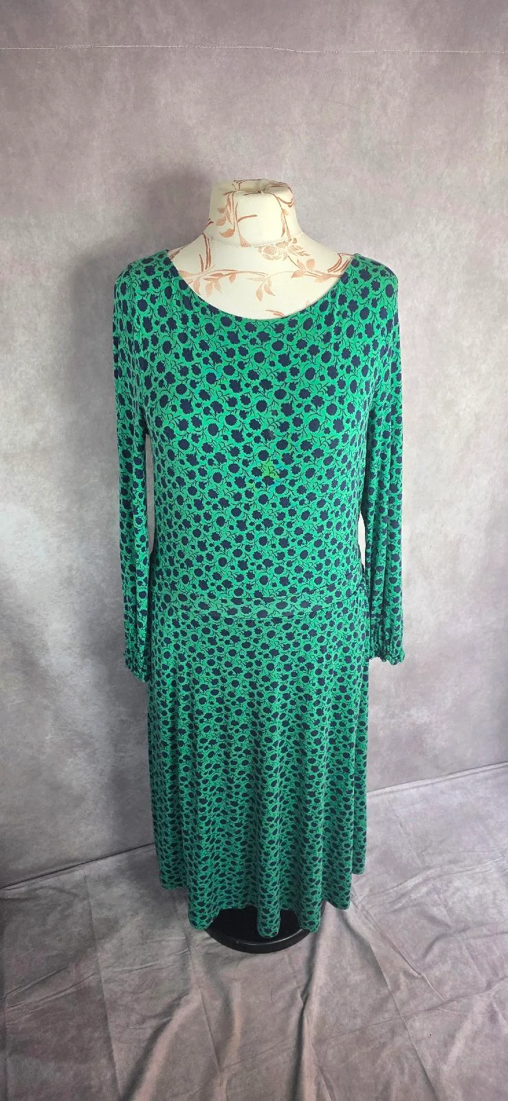Boden Green Floral Viscose Jersey Midi Dress UK 14 Regular Long Sleeve