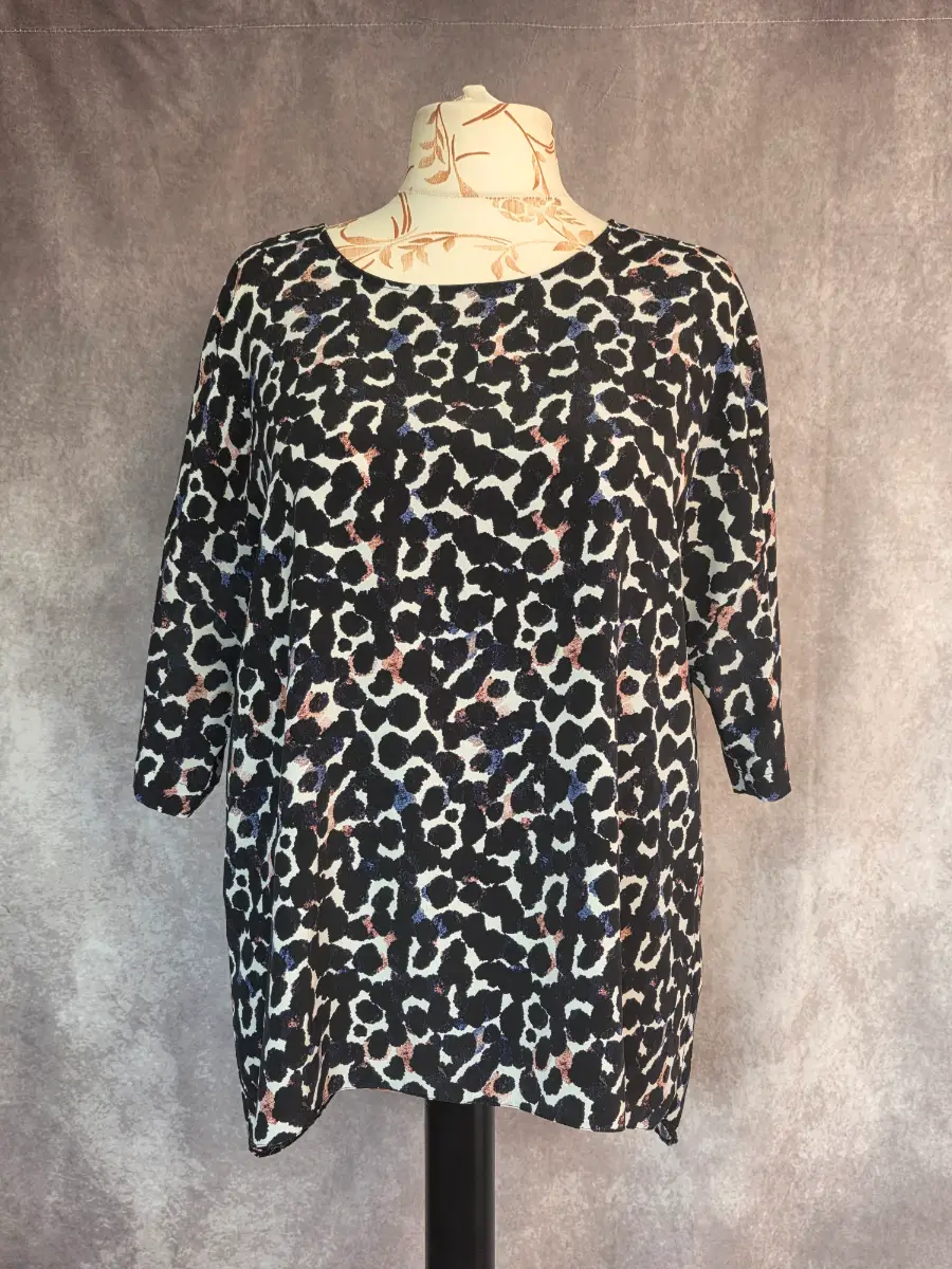 Black Cream Animal Print Blouse UK 20 Casual Loose Tunic 3/4 Sleeve Summer Primark