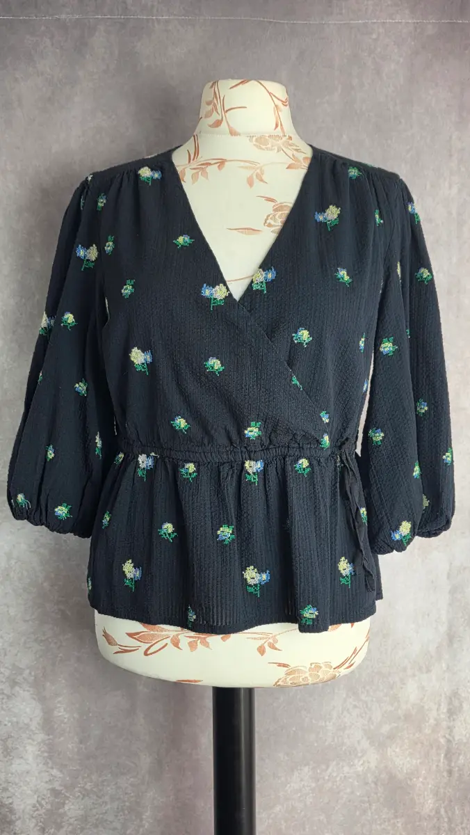 Black Wrap Blouse UK 16 Cottagecore Floral Embroidered Peplum 100% Cotton Long Sleeve Spring Summer