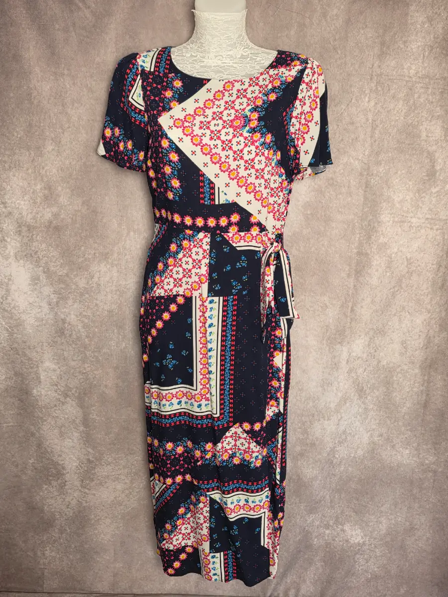 Navy Floral Midi Dress UK 10 Boho Tie Waist Occasion 100% Viscose Summer Red Herring BNWT