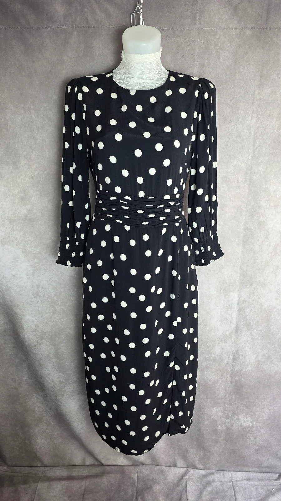 Sosandar Black Polka Dot Ruched Waist Pencil Midi Dress UK 8 – BNWT