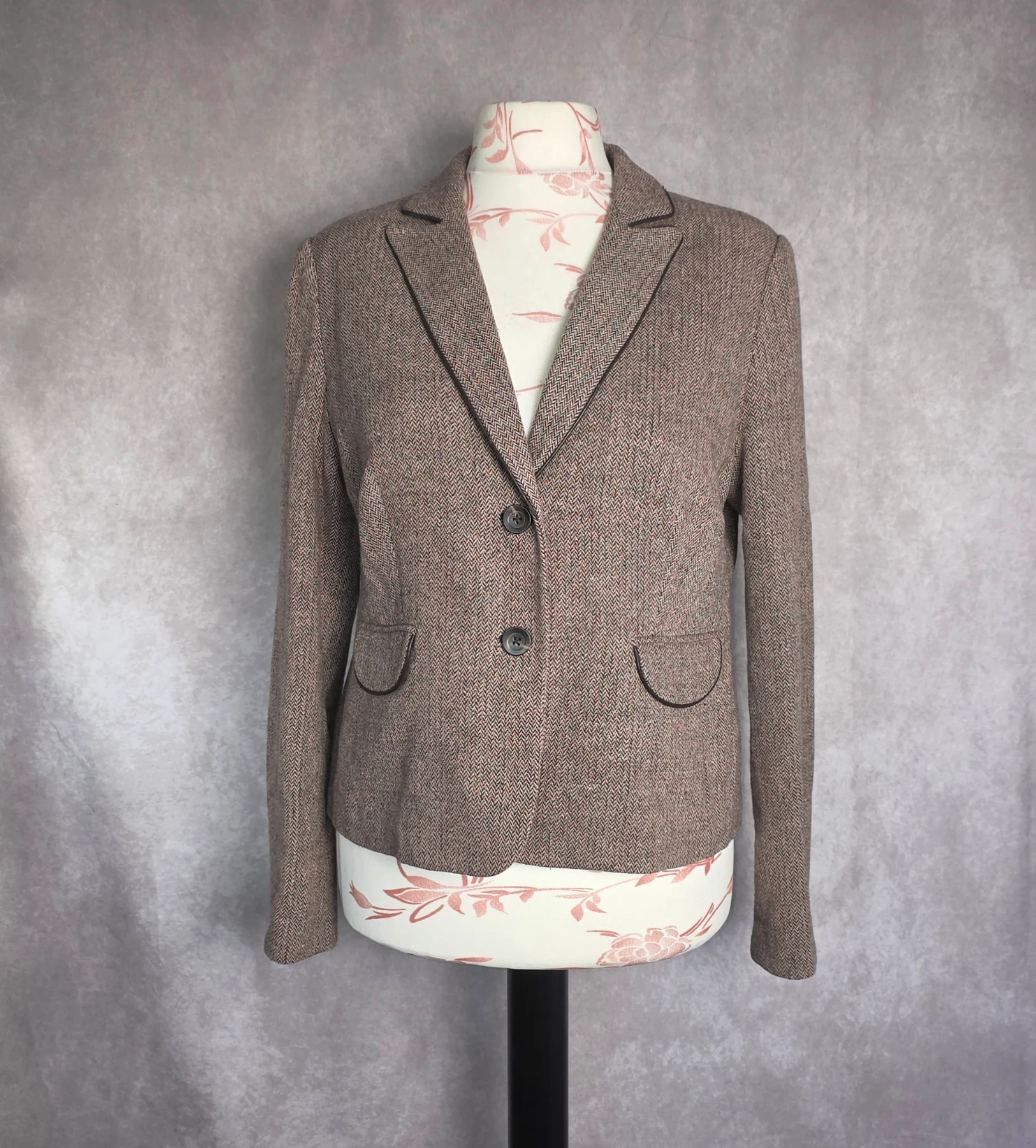 James Lakeland Brown Herringbone Wool Blend Tailored Blazer Jacket UK 18