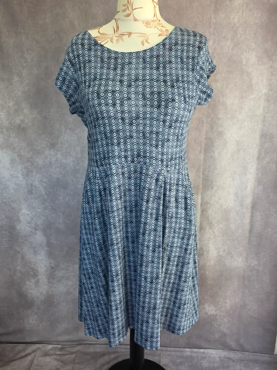 Blue Smock Dress UK 14 Casual Geometric Cotton Viscose Pocket Summer Mountain Warehouse