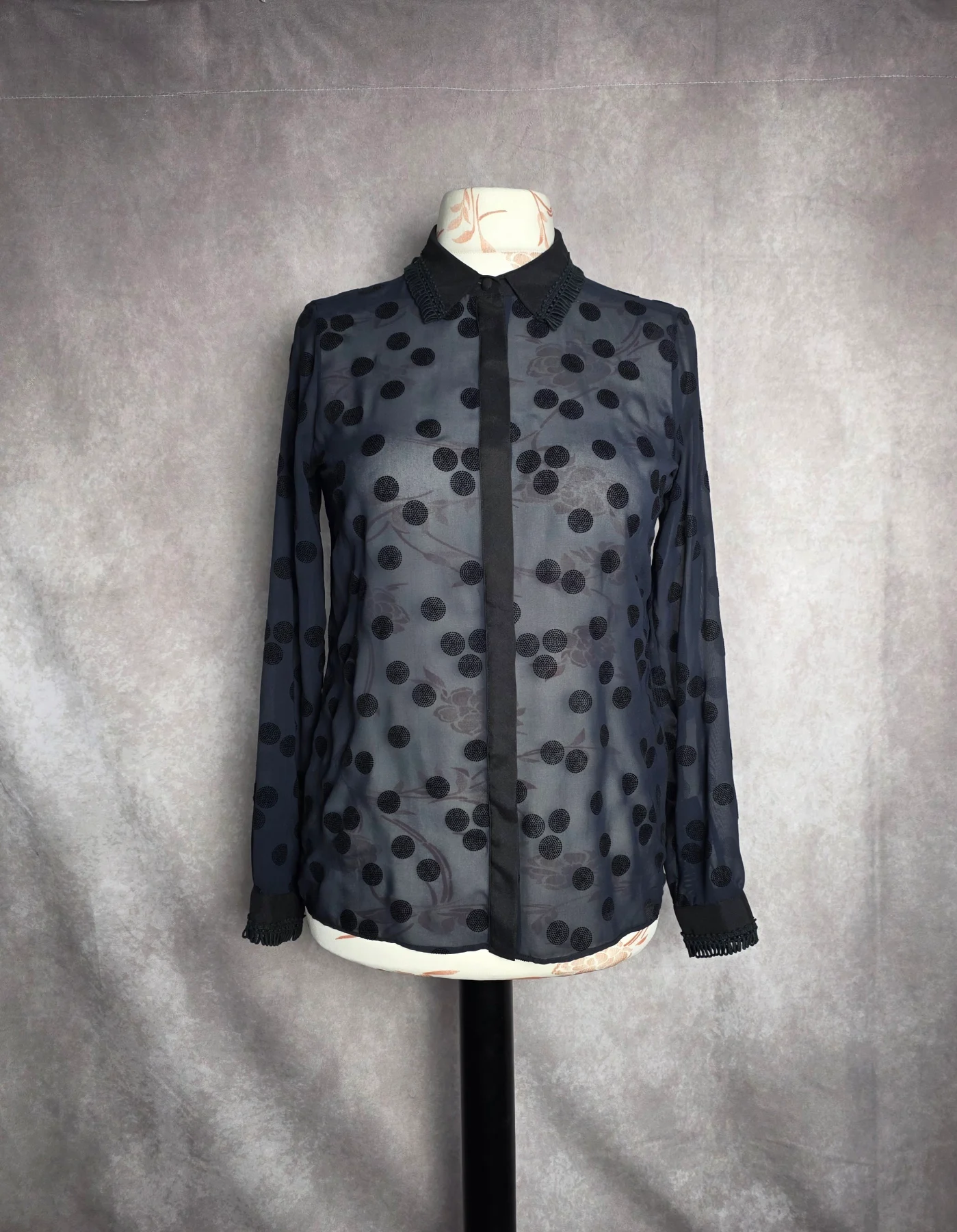 Jaeger London Navy Sheer Polka Dot Blouse UK 10 – Elegant Collared Long Sleeve