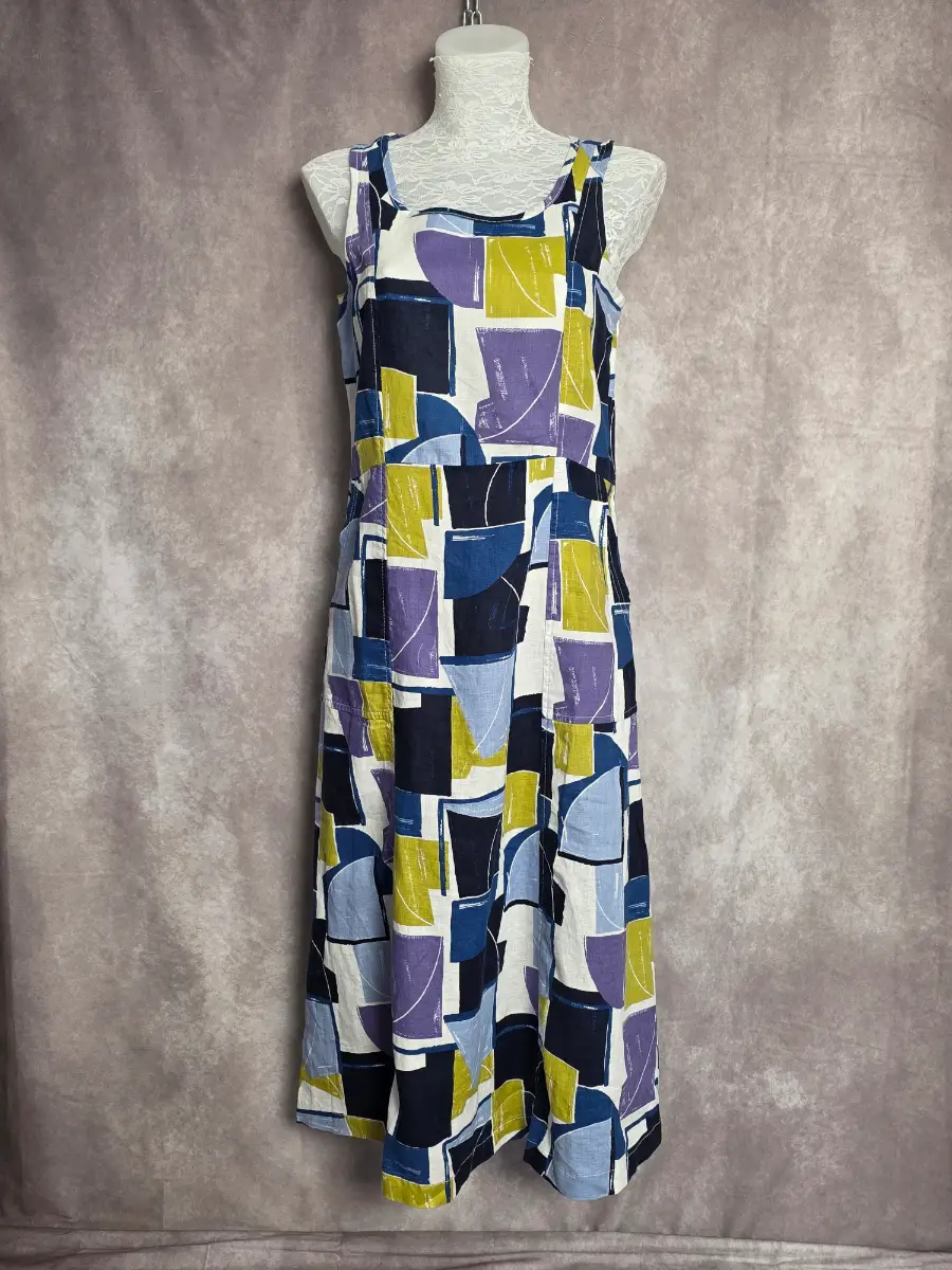Blue Linen Midi Dress UK 10 Casual Coastal Sleeveless Abstract Summer Pockets Seasalt Cornwall BNWT