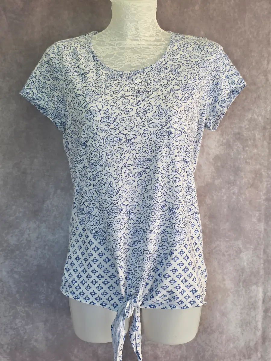 White Blue Floral Tie Front Top UK 10 Casual Cottagecore Cotton Summer FatFace