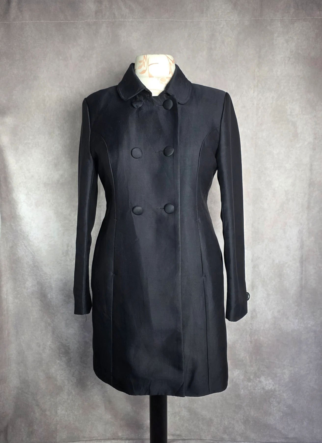 H&M Black Fitted Double-Breasted Coat UK 12 – Cotton Blend Tailored