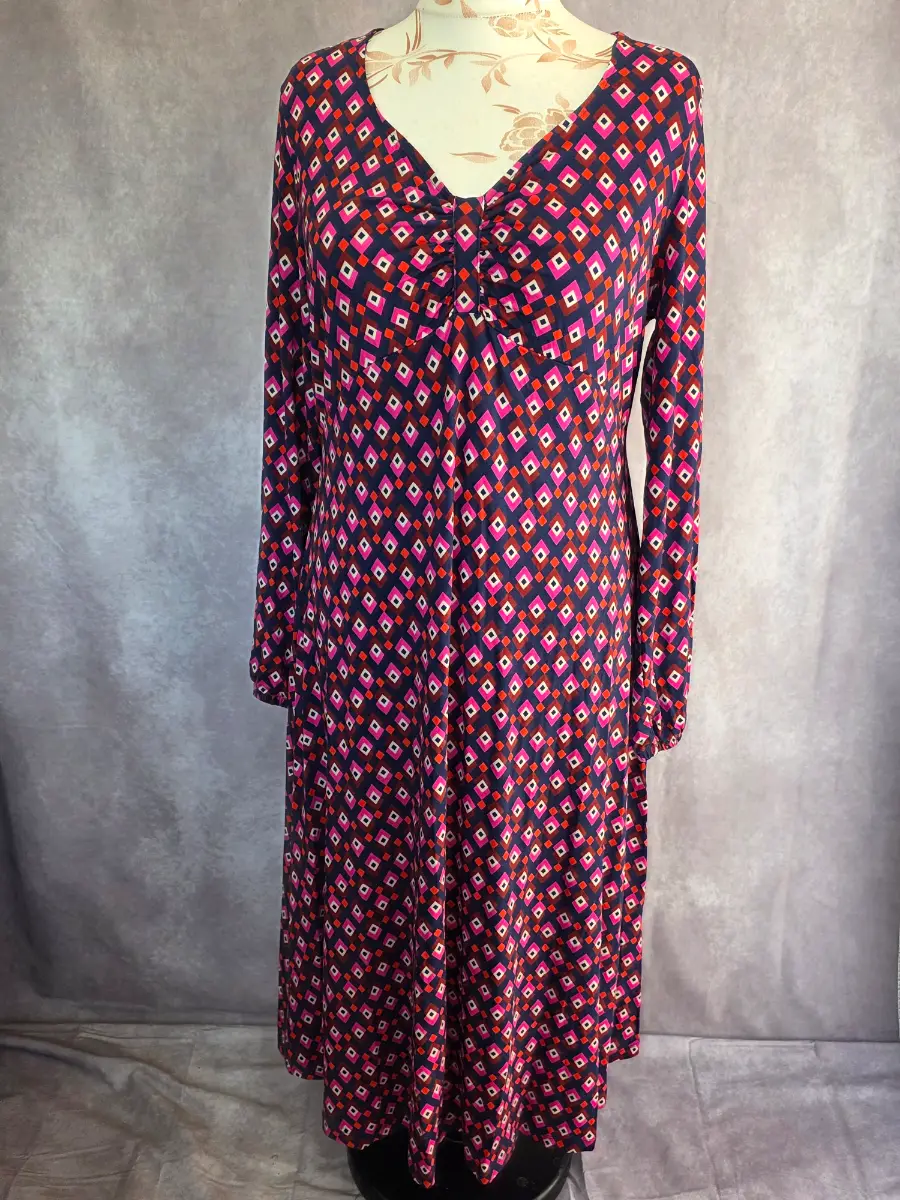 Navy Geo Print Midi Dress UK 18 Retro Casual Stretch Jersey Autumn Joe Browns NWT