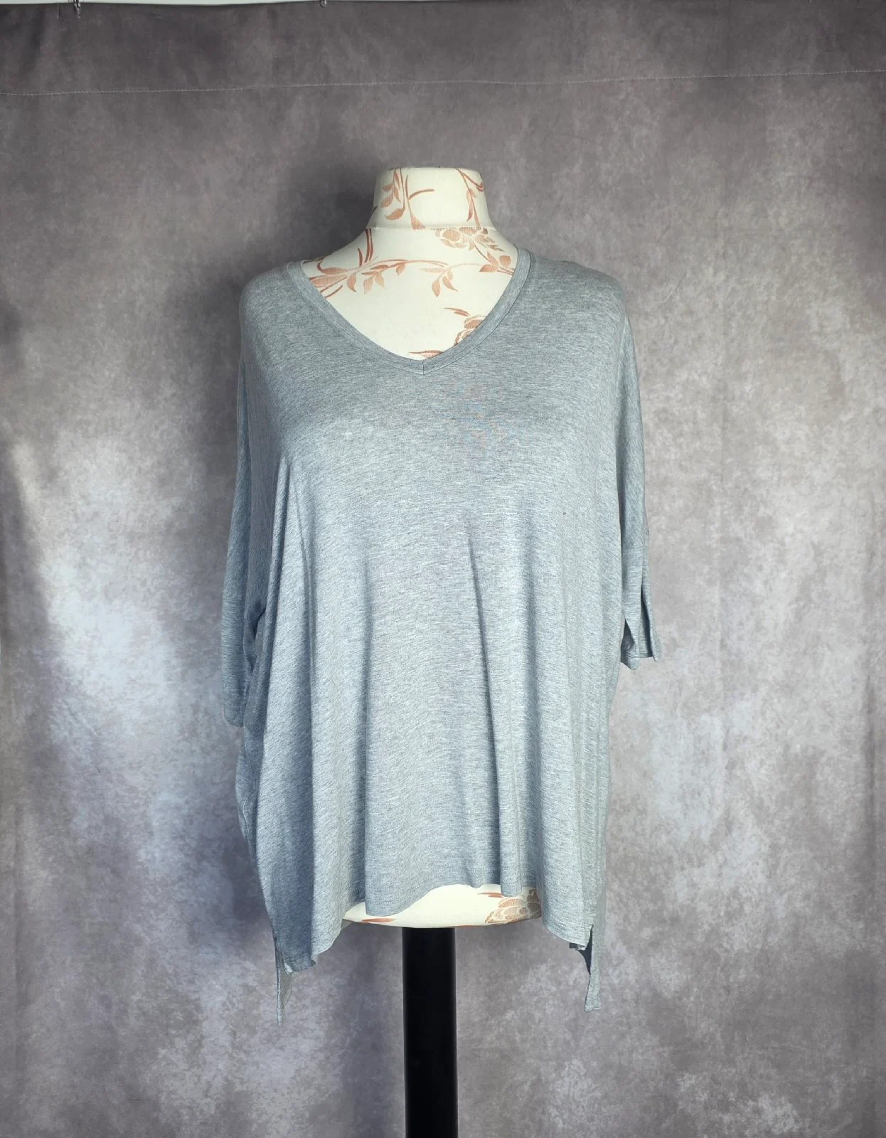 The White Company Grey Cotton Oversized Draped V-Neck Short Sleeve Top UK 10