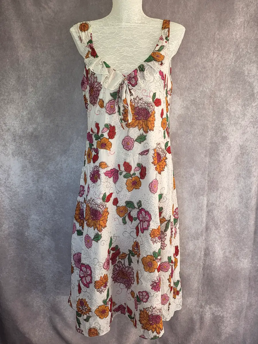 White Floral Midi Dress UK 12 Boho Cottagecore Summer Cotton Tie Front Lined Betty Jackson