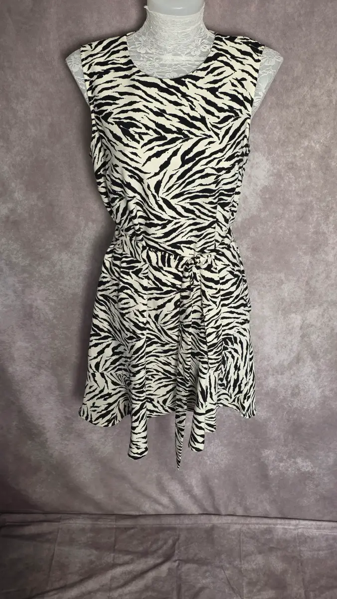 Black White Zebra Print Dress UK 12 Skater Tie Waist Party Occasion Sleeveless Summer Warehouse