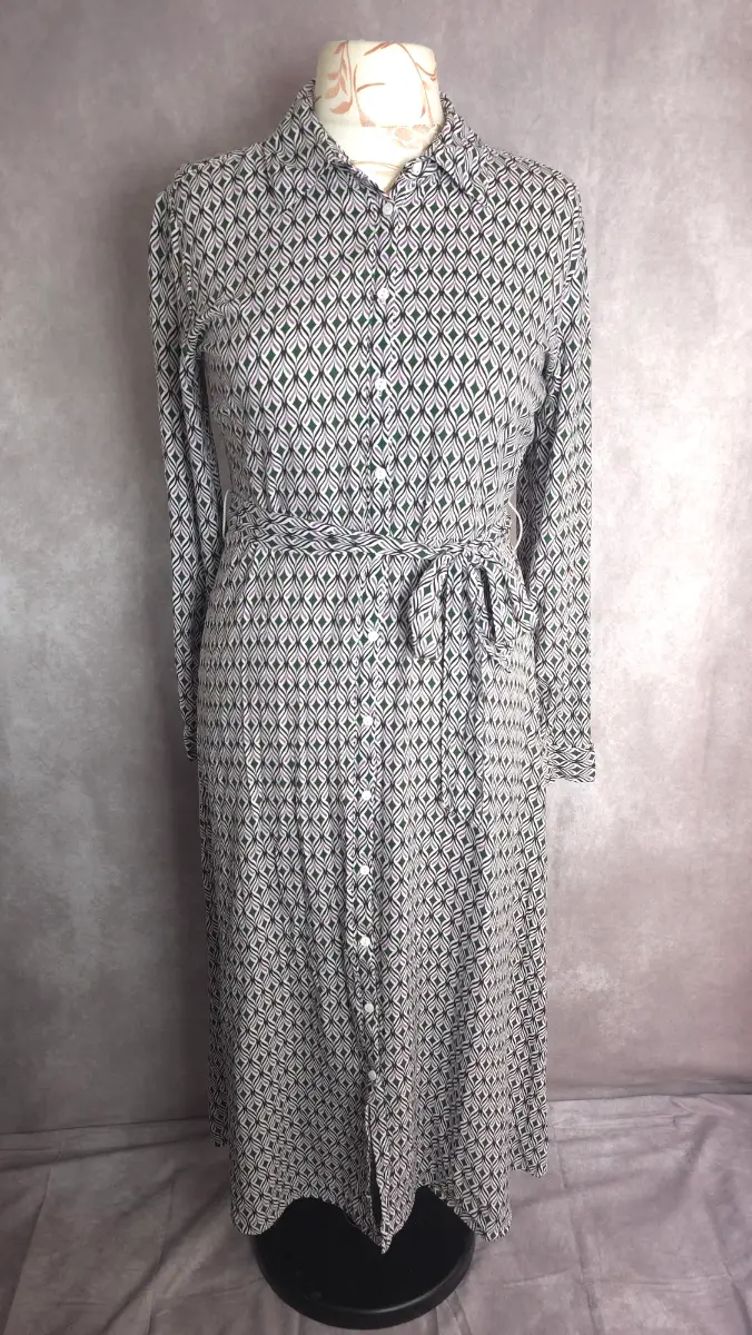 White Geo Print Midi Shirt Dress UK 14 Smart Casual Office Work Viscose Spring Stradivarius