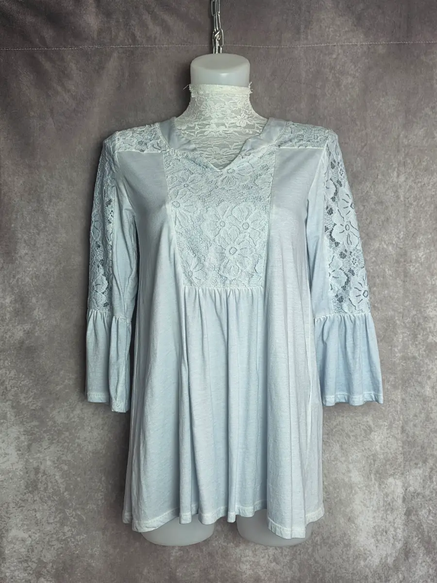 Light Blue Lace Tunic Top UK 8 Boho Cottagecore Cotton Bell Sleeve Romantic Spring Joe Browns