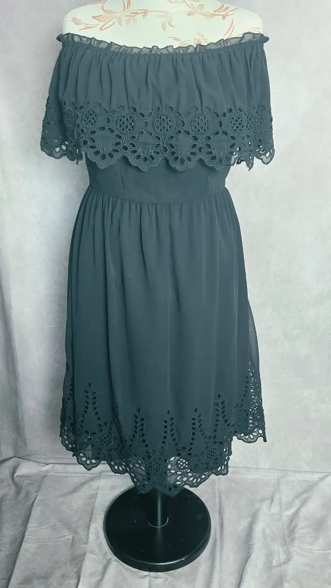Black Bardot Off Shoulder Dress UK 12 Boho Broderie Anglaise Summer Dorothy Perkins