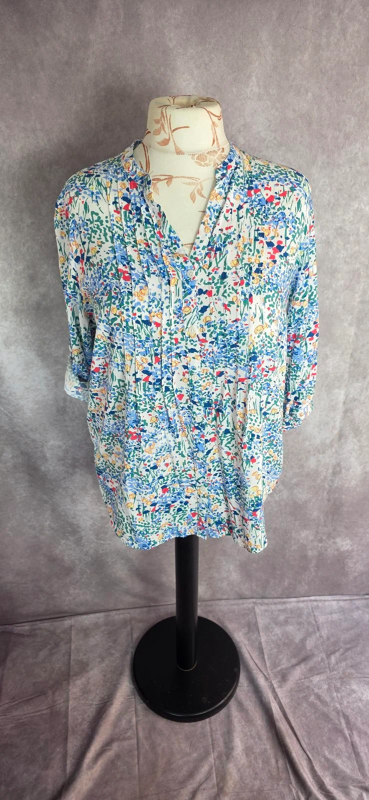 Isle Essentials Multicolour Floral Blouse UK 18 Long Sleeve Tab Sleeve 100% Viscose Boho