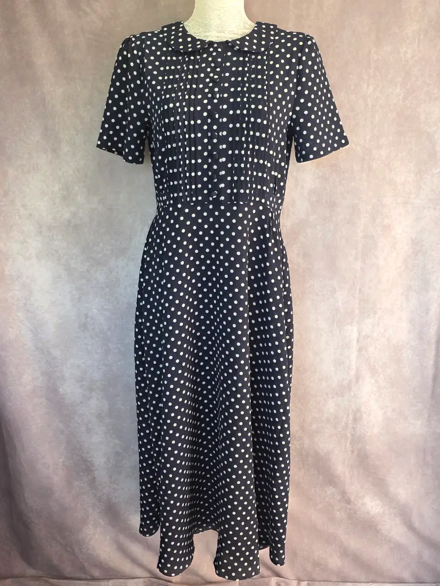 Navy Polka Dot Midi Dress UK 10 Retro Tea Occasion Peter Pan Collar Summer Joe Browns