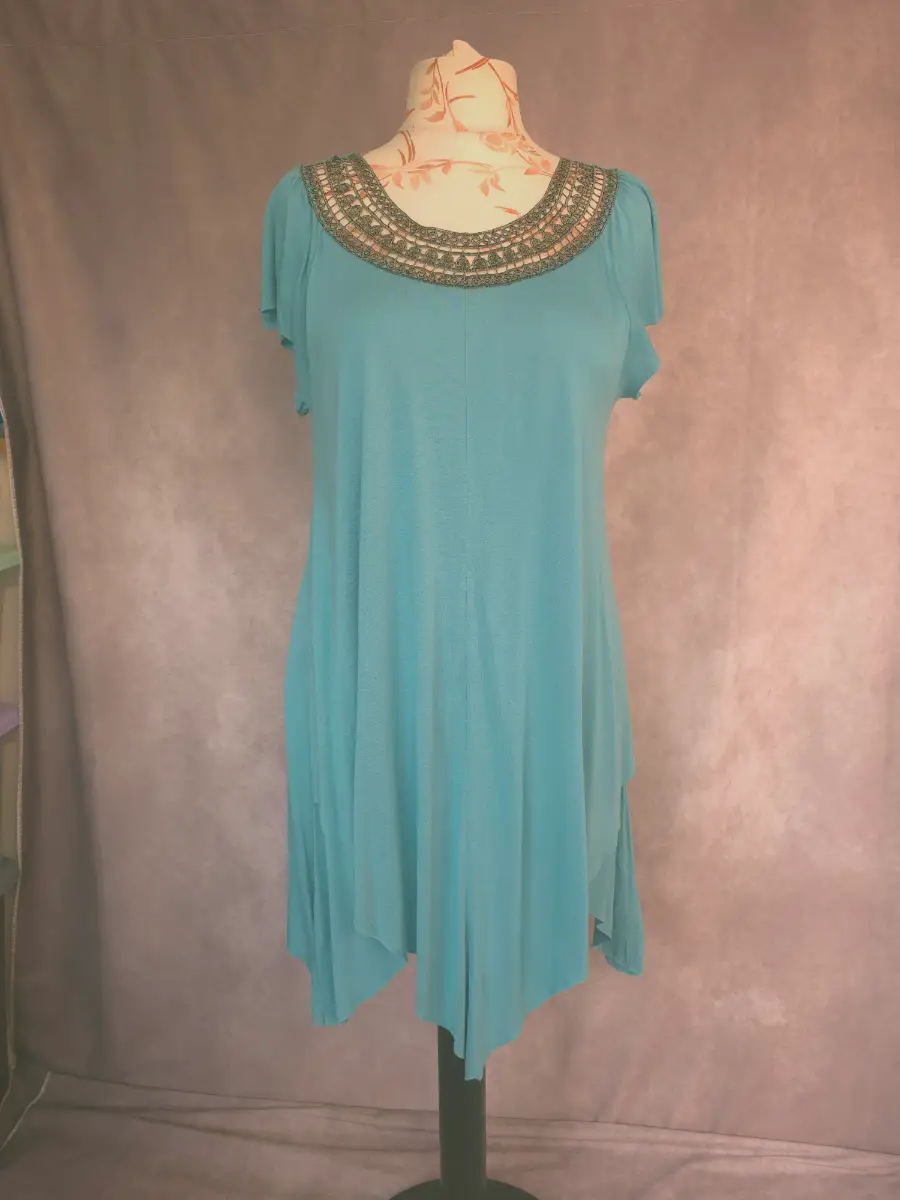 Turquoise Tunic Dress UK 18 Boho Embellished Hanky Hem Holiday Viscose Summer Wallis