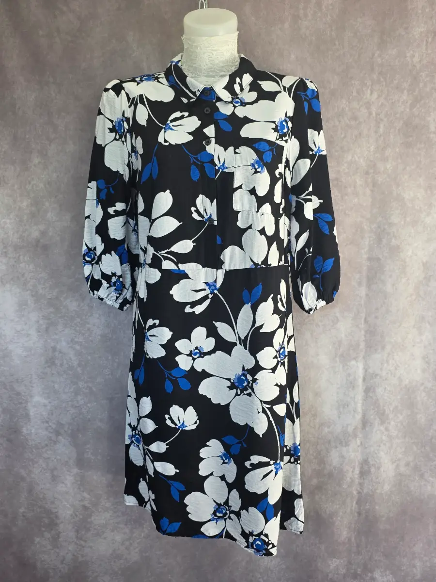 Black Floral Shirt Dress UK 10 Smart Casual Office Midi Spring Summer F&F