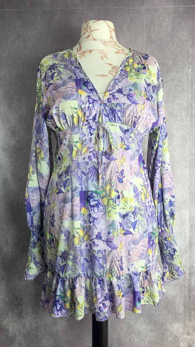 Lilac Floral Mini Dress UK 14 Boho V Neck Party Chiffon Long Sleeve Summer PrettyLittleThing