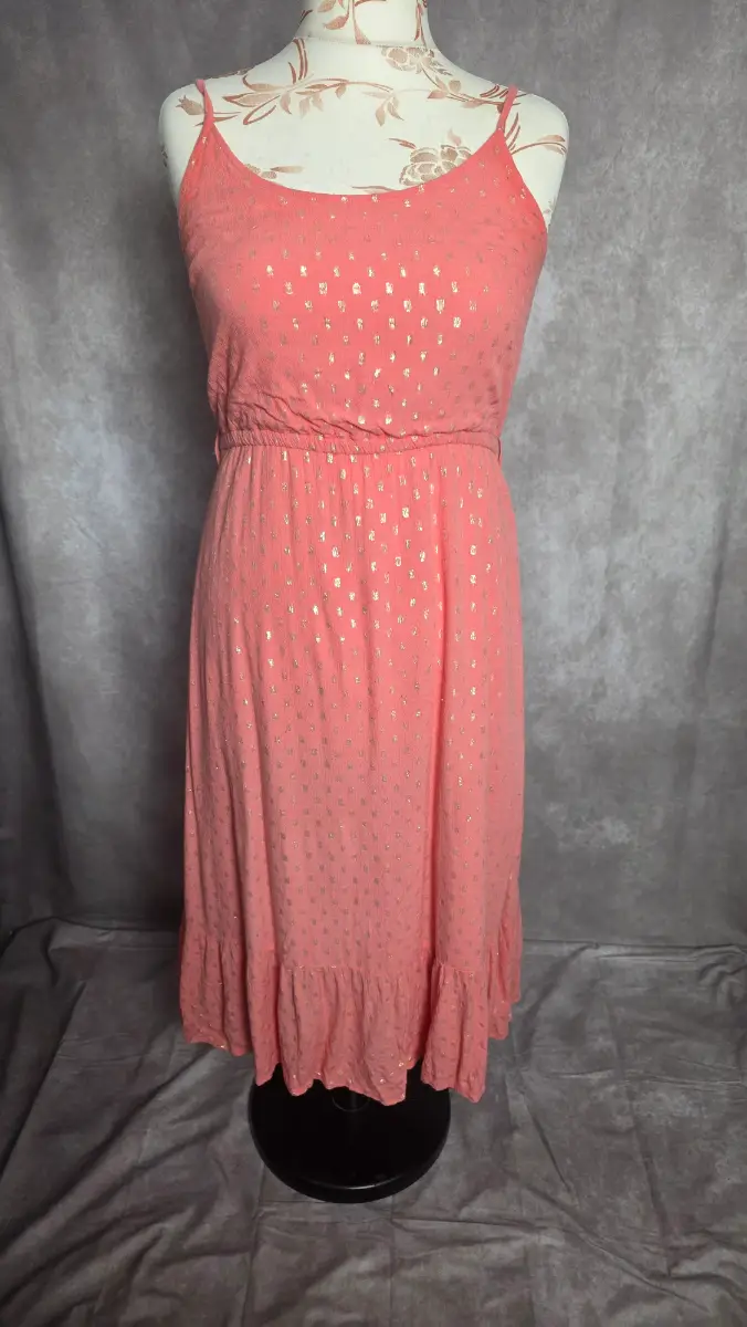 Coral Pink Midi Dress UK 12 Boho Holiday Viscose Metallic Spot Ruffle Summer F&F