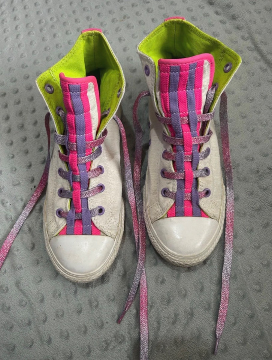 Girls white and pink high top converse