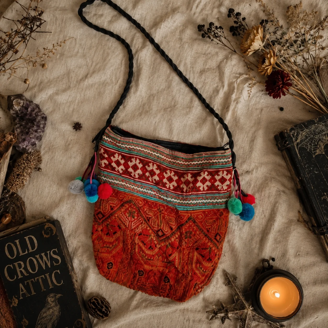 Vintage-Style Boho Embroidered Shoulder Bag – Colourful Pom-Pom Detail