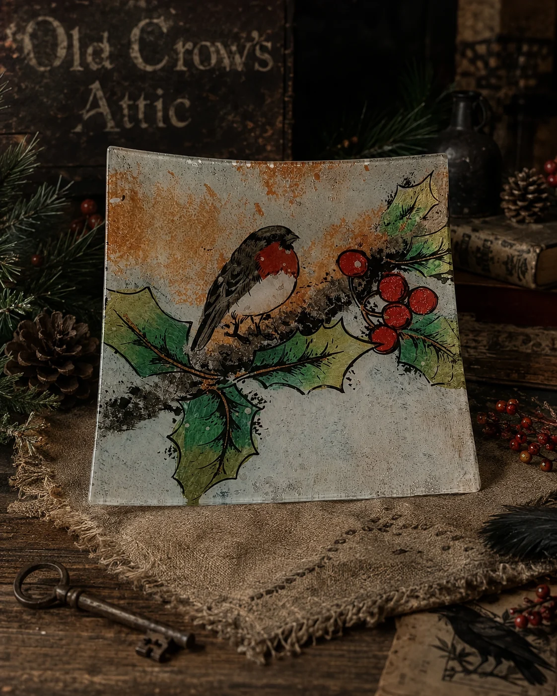 Beautiful decorative glass plate featuring a charming robin perched amongst holly leaves and bright