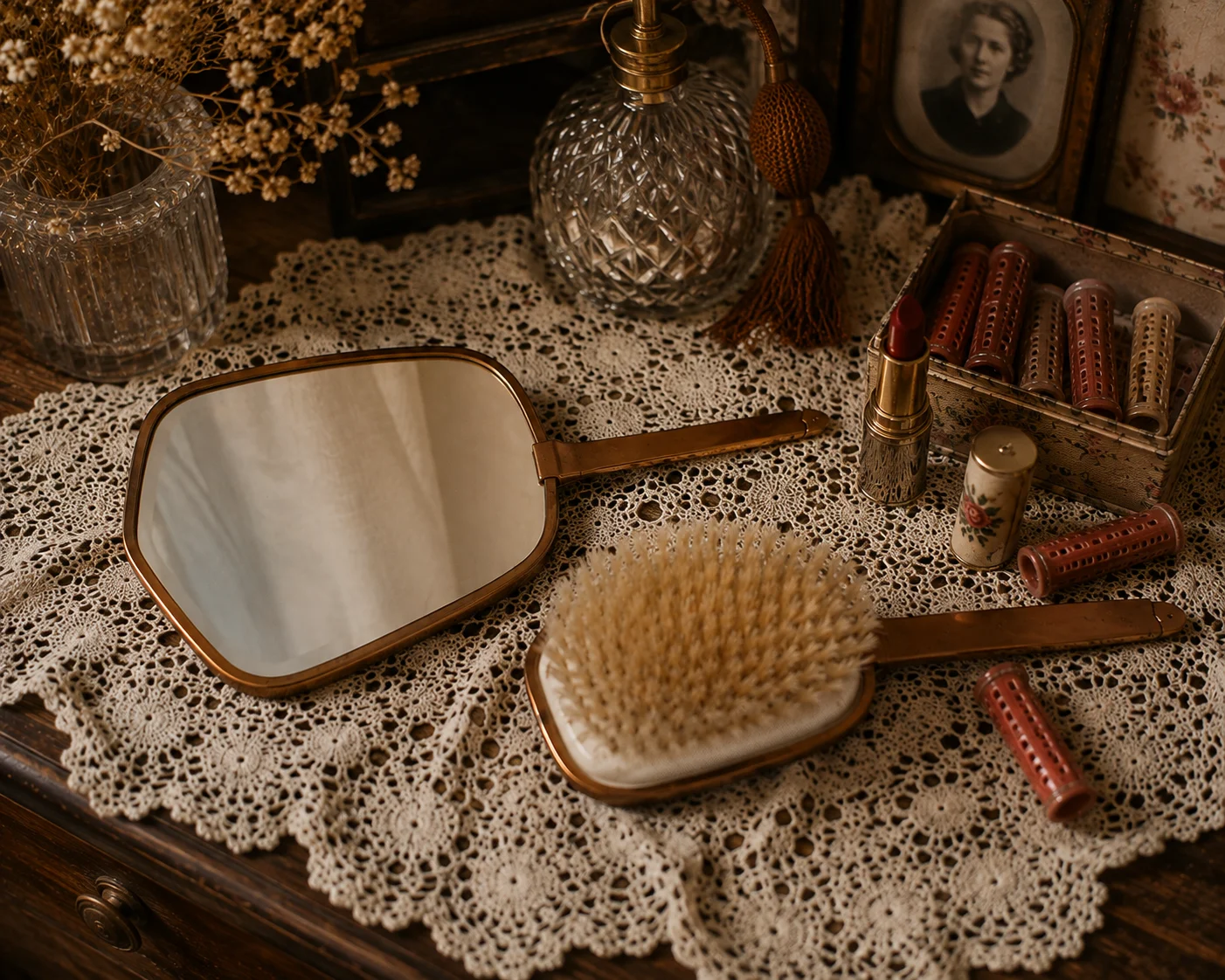 Vintage Floral Vanity Mirror & Hairbrush Set