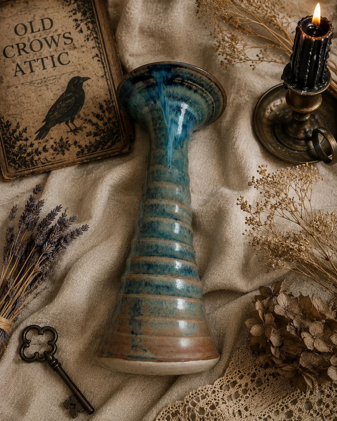 Beautiful vintage ceramic candlestick with a wonderfully earthy, rustic character.
