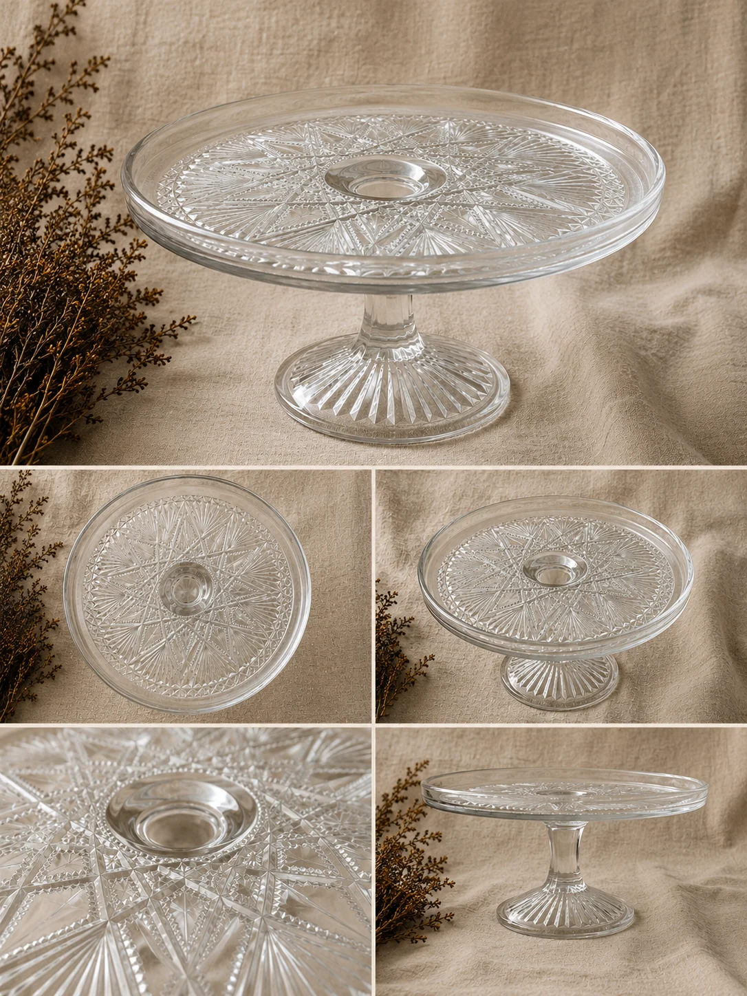 Beautiful clear pressed glass cake stand with a stunning intricate starburst and geometric pattern.