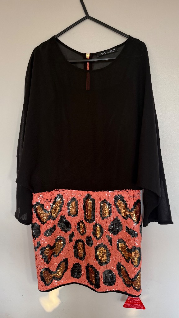 Love Label Sequin Leopard Print Dress UK 10 Coral Pink Black Batwing Sleeve Party Dress