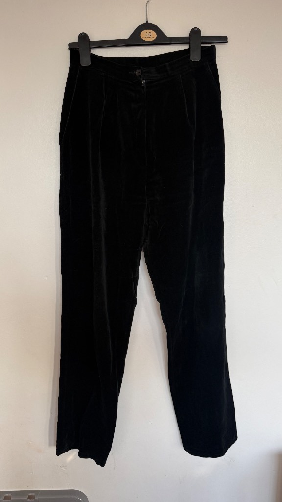 Vintage Black Velvet Trousers XS Wide Leg High Waist Soft Touch Smart Casual Retro