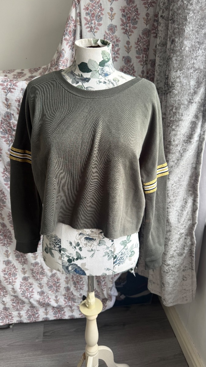 Khaki Cropped Sweatshirt Gold Stripe Sleeves