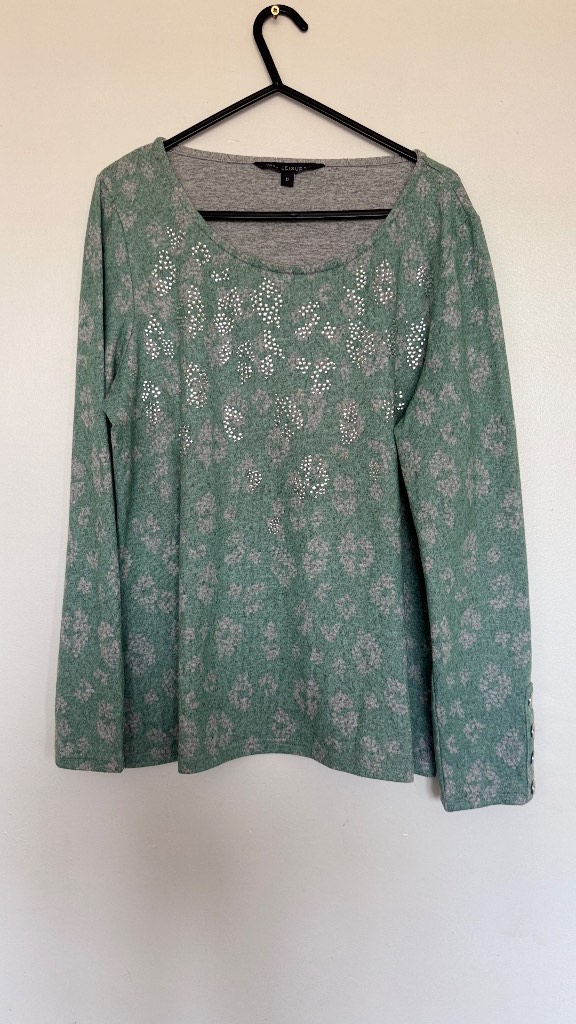 Love Leisure Mint Green Leopard Print Top UK 12 Soft Touch Long Sleeve Diamante Detail