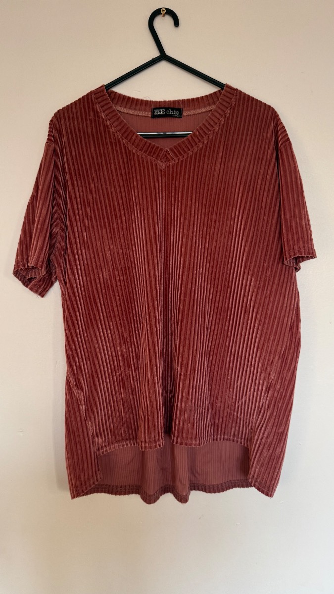 Pink Velvet Ribbed V Neck Top Size 16