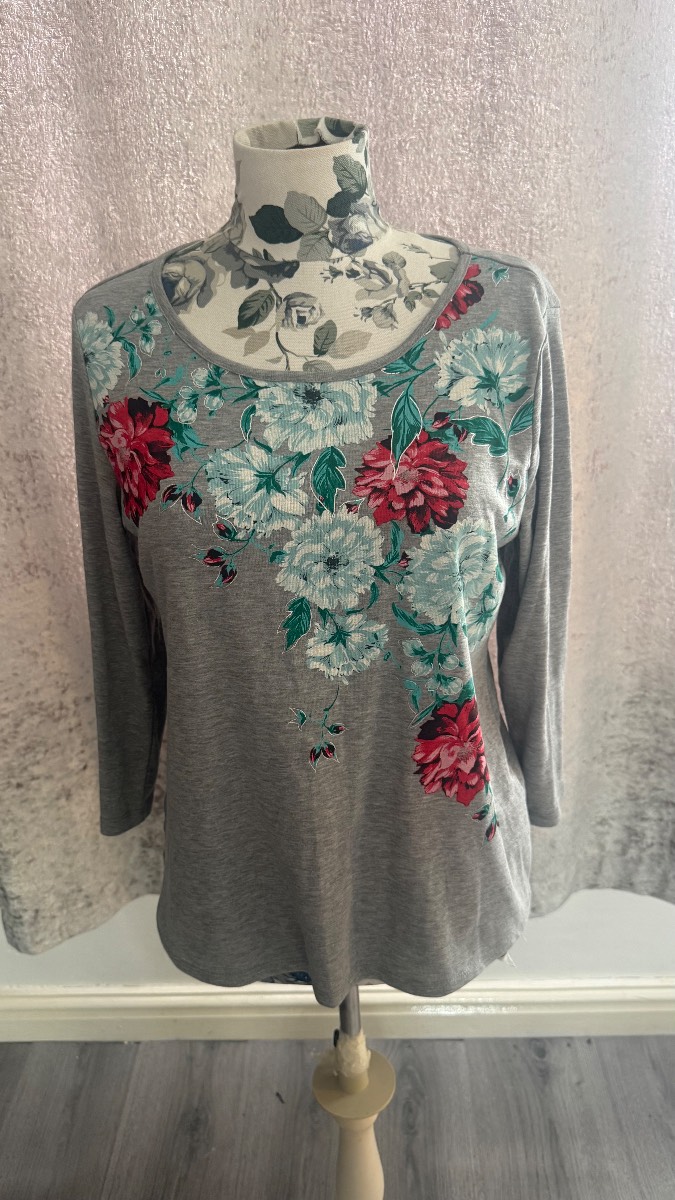 Papaya Grey Floral 3/4 Sleeve Cotton Top UK 16