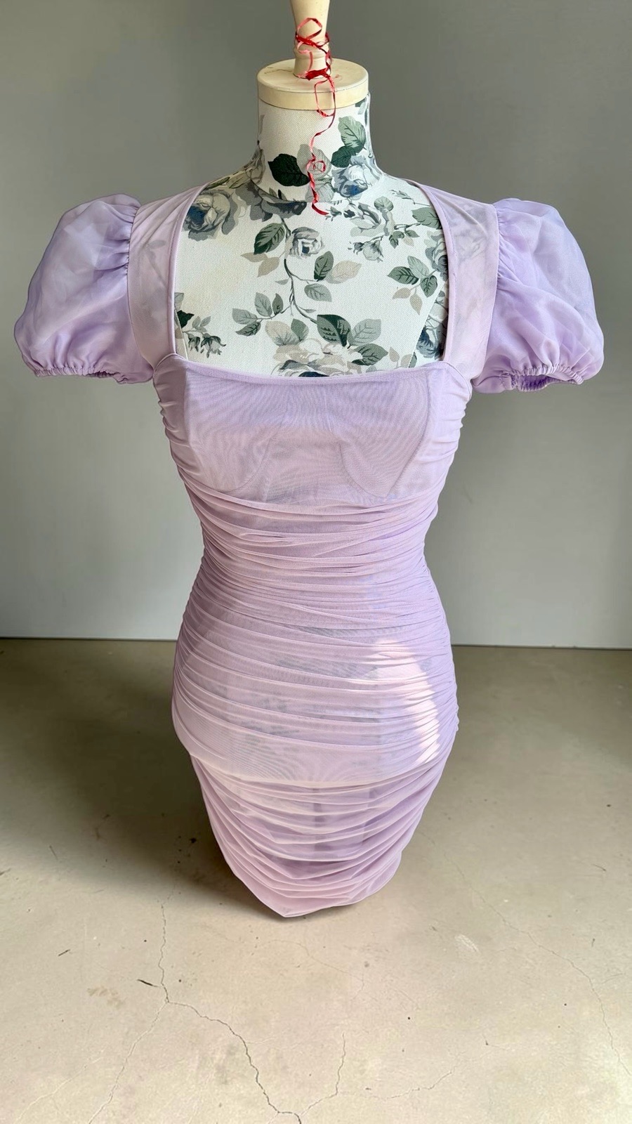 Missguided Lilac Ruched Bodycon Mini Dress UK 12 Puff Sleeve Mesh Stretch