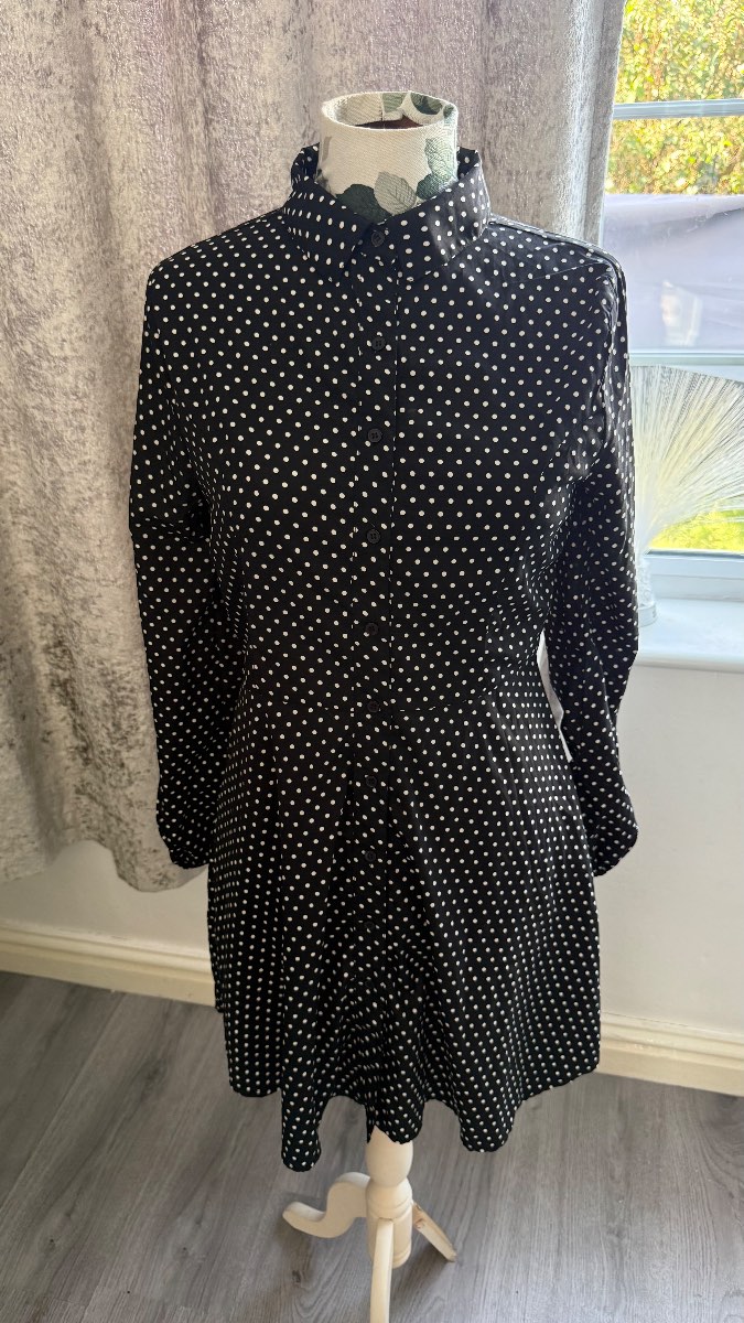 QED London Black White Polka Dot Shirt Dress UK 12