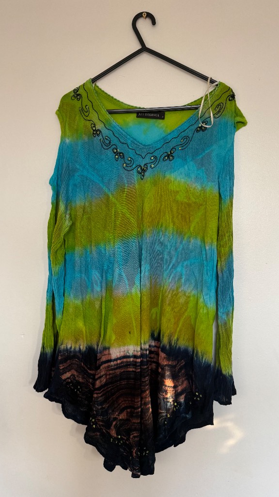 Just Elegance Tie Dye Boho Tunic Top Size M Blue Green Embellished Viscose Festival