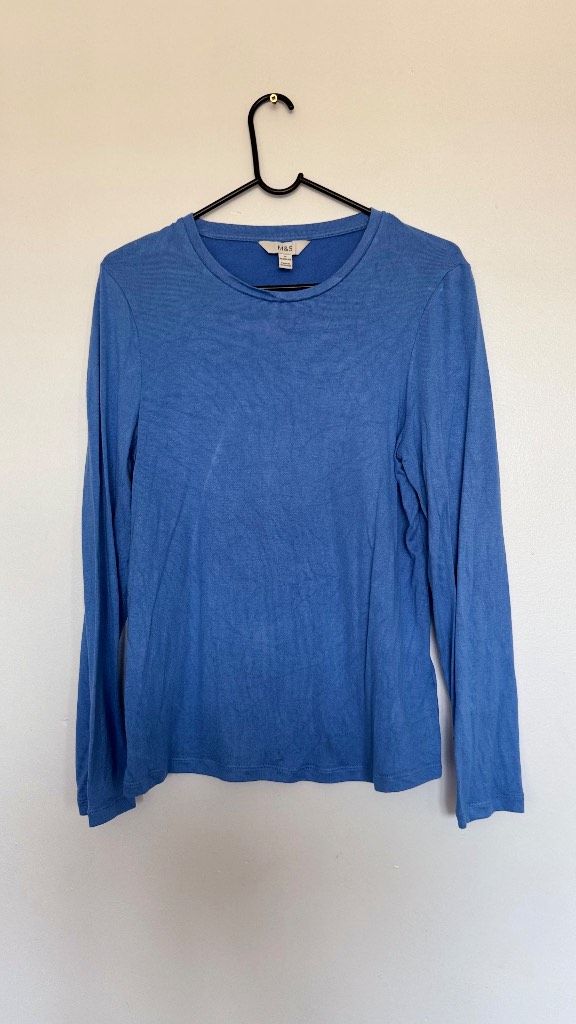 M&S Blue Long Sleeve Cotton Top Size 14 Crew Neck Casual Basic Layering Top