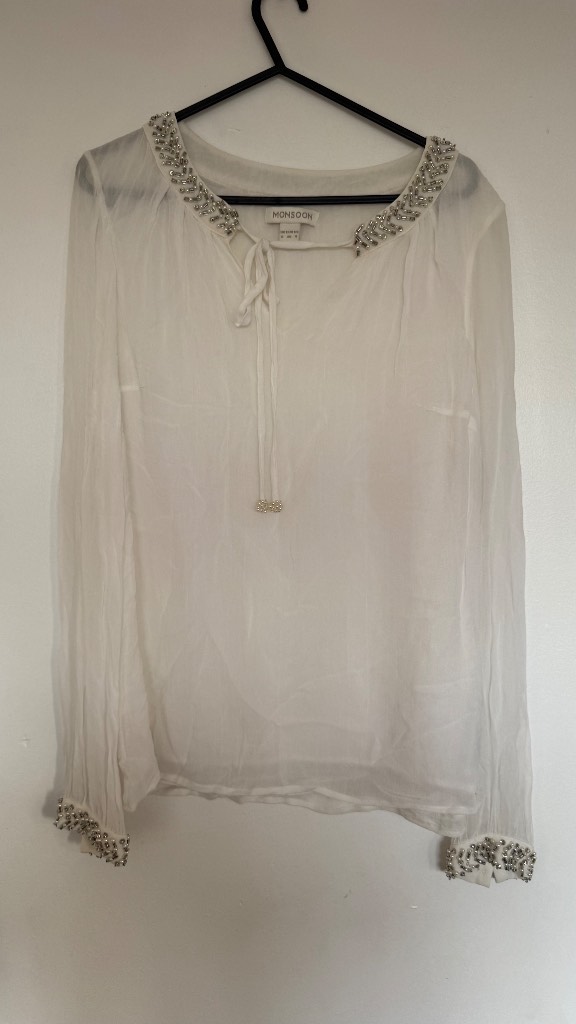 Monsoon Ivory Embellished Blouse Size 8 Beaded Chiffon Long Sleeve Occasion Top