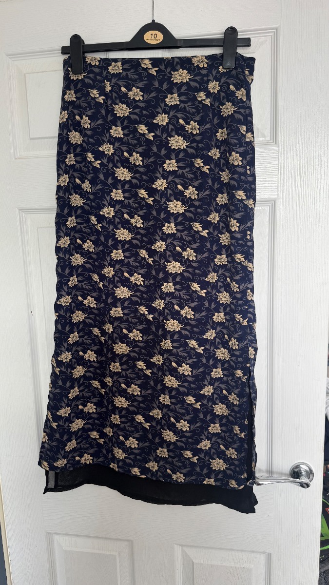 Navy Floral Midi Skirt UK 10 Side Split