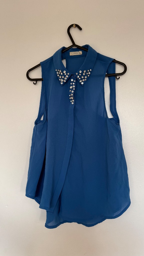 Lush Blue Sleeveless Blouse Size S Embellished Collar Chiffon Top Smart Casual