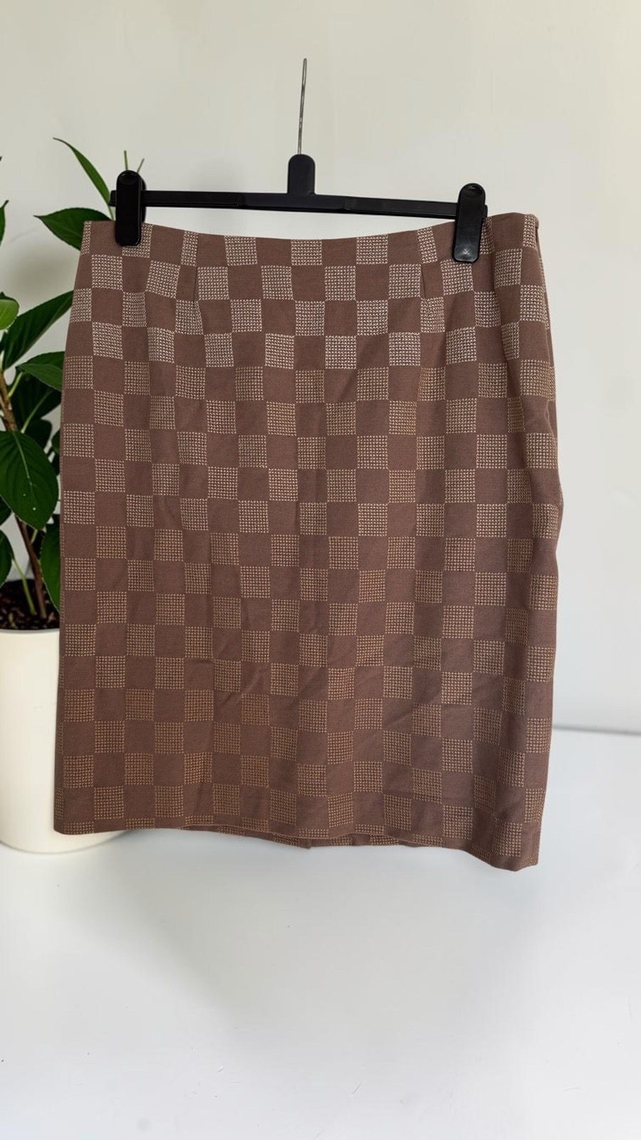Viyella Brown Taupe Patterned Straight Skirt UK 14 Lined Knee Length