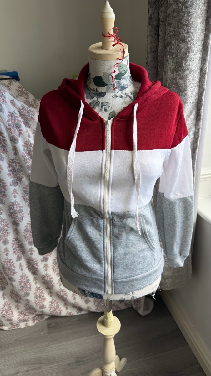 Colour Block Zip Up Hoodie Red White Grey UK 10