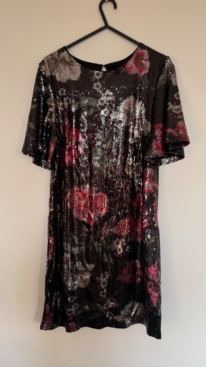 New Look Floral Sequin Shift Dress UK 6 Black Pink Party Cocktail Mini Dress